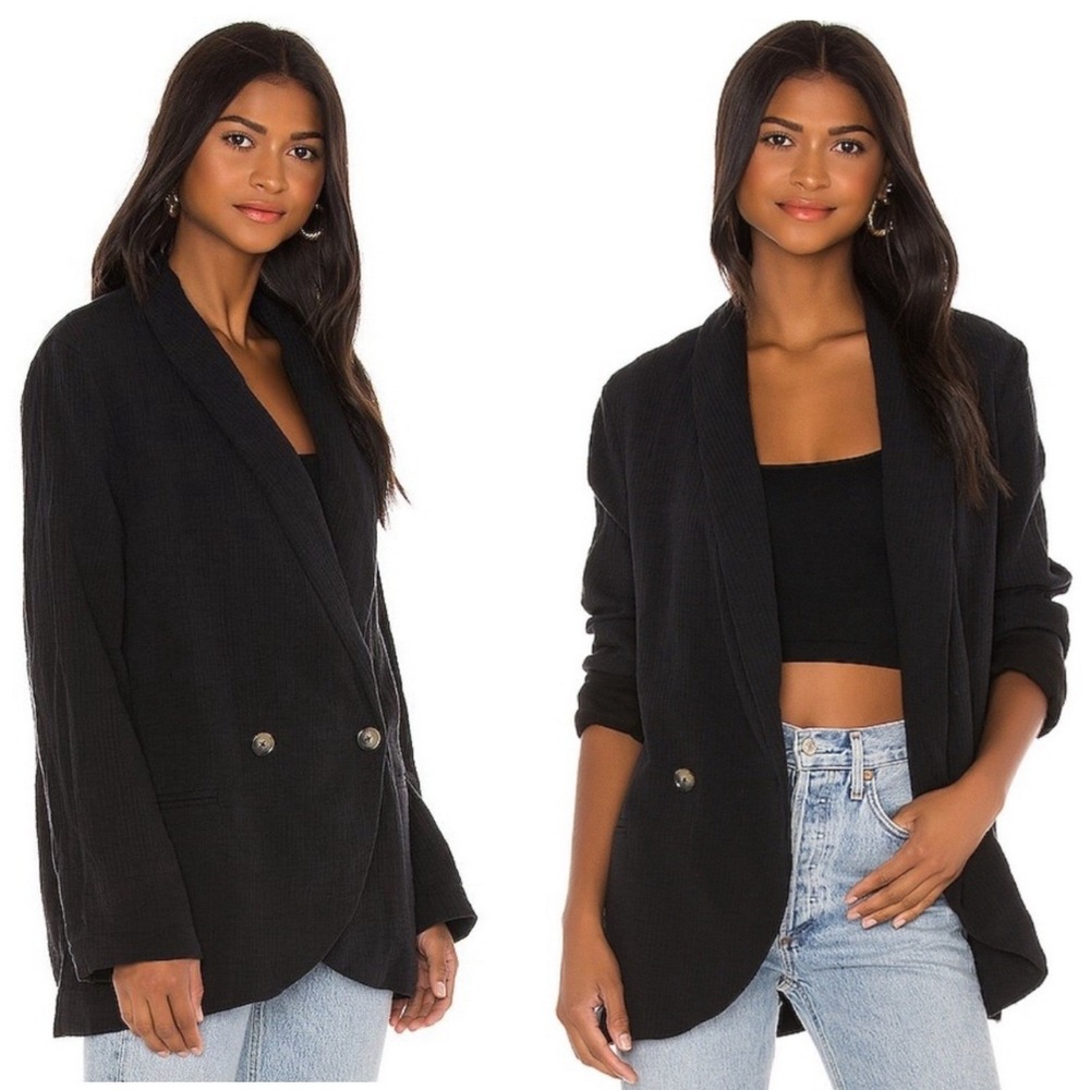 Free People Women's Rowan Blazer Gauze‎ Black Double Breasted Oversized Size XS
